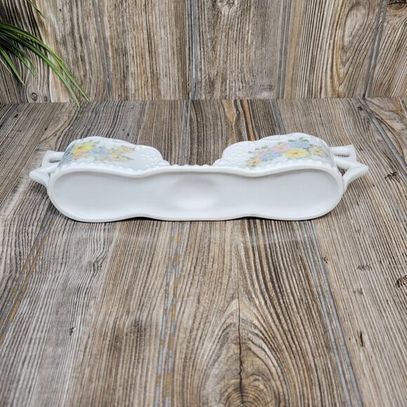 Vintage Spoon Holder, Buffet Silverware Holder, White Double Handle, Floral - Picture 4 of 6